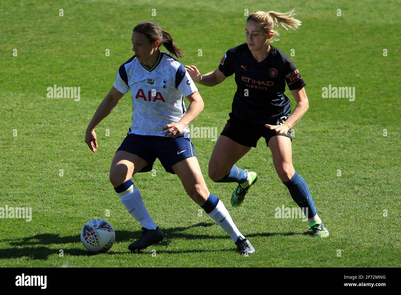 London, UK. 04th Apr, 2021. Rachel Williams of Tottenham Hotspur Women (L) holds off Abby Dahlkemper of Manchester City Women (R). Barclays Women's super league match, Tottenham Hotspur Women v Manchester City women at the Hive Stadium in London on Sunday 4th April 2021. this image may only be used for Editorial purposes. Editorial use only, license required for commercial use. No use in betting, games or a single club/league/player publications.pic by Steffan Bowen/Andrew Orchard sports photography/Alamy Live News Credit: Andrew Orchard sports photography/Alamy Live News Stock Photo