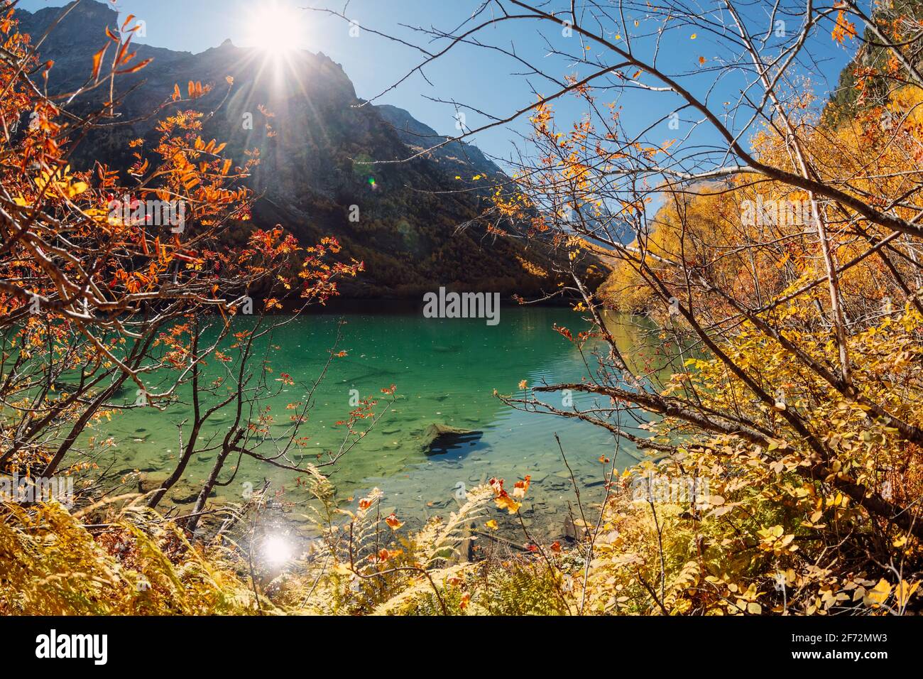 Mountain lake with transparent water and colorful autumnal trees ...