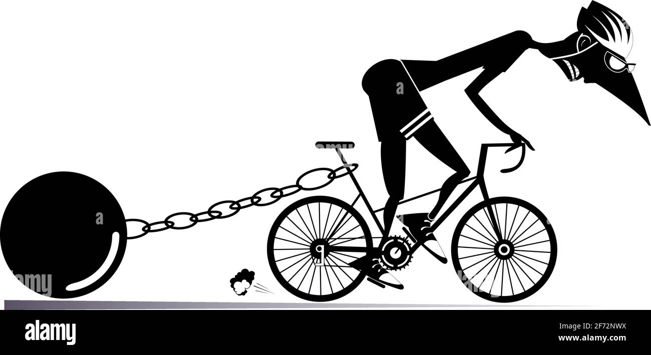 Hard training cyclist man illustration. Cyclist man drags a heavy weight to be connected by the