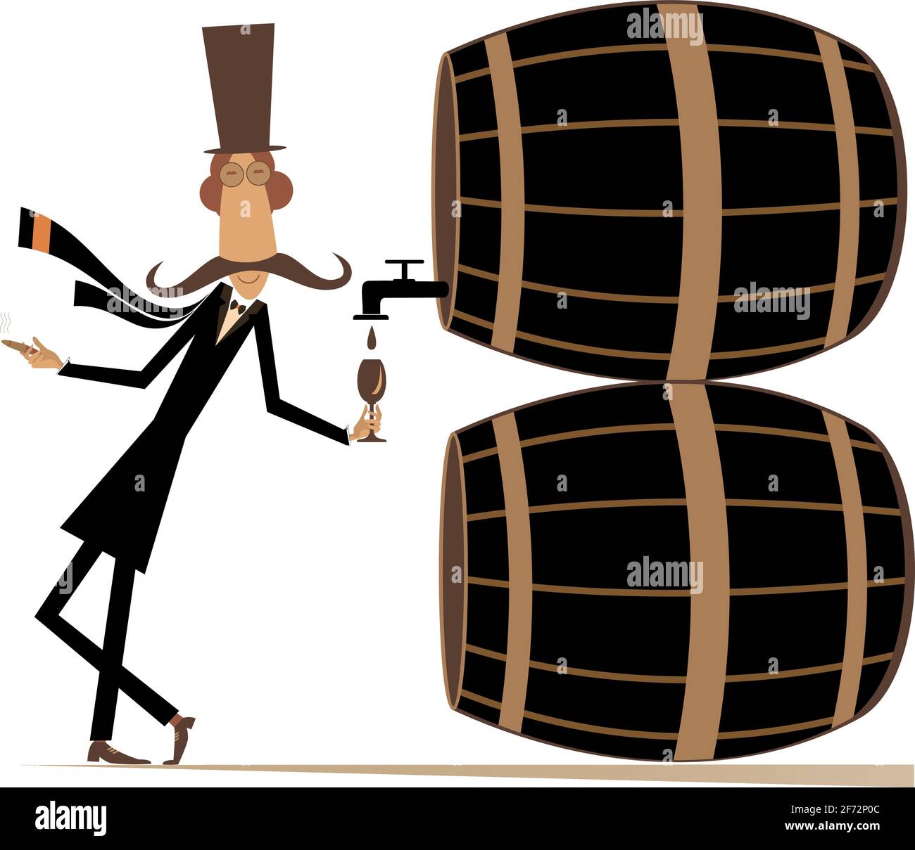 Cartoon long mustache man, wine, tuns illustration. Funny long mustache man in the top hat smokes a cigar and drinks wine from the big tun isolated on Stock Vector