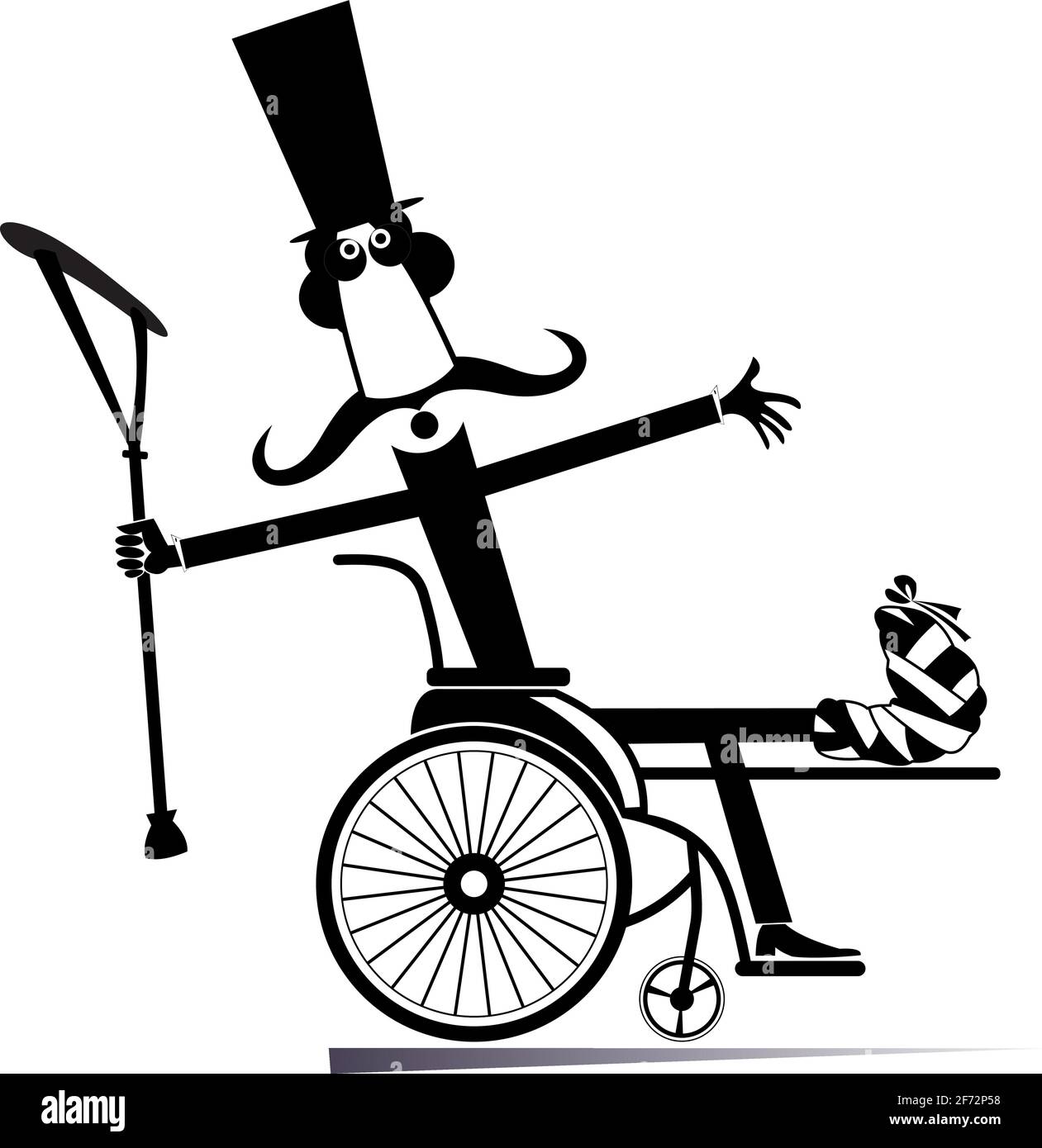 Cheerful long mustached gentleman in the top hat with bandages on the hand and leg holds crutch and sits in the wheelchair looks happy black on white Stock Vector