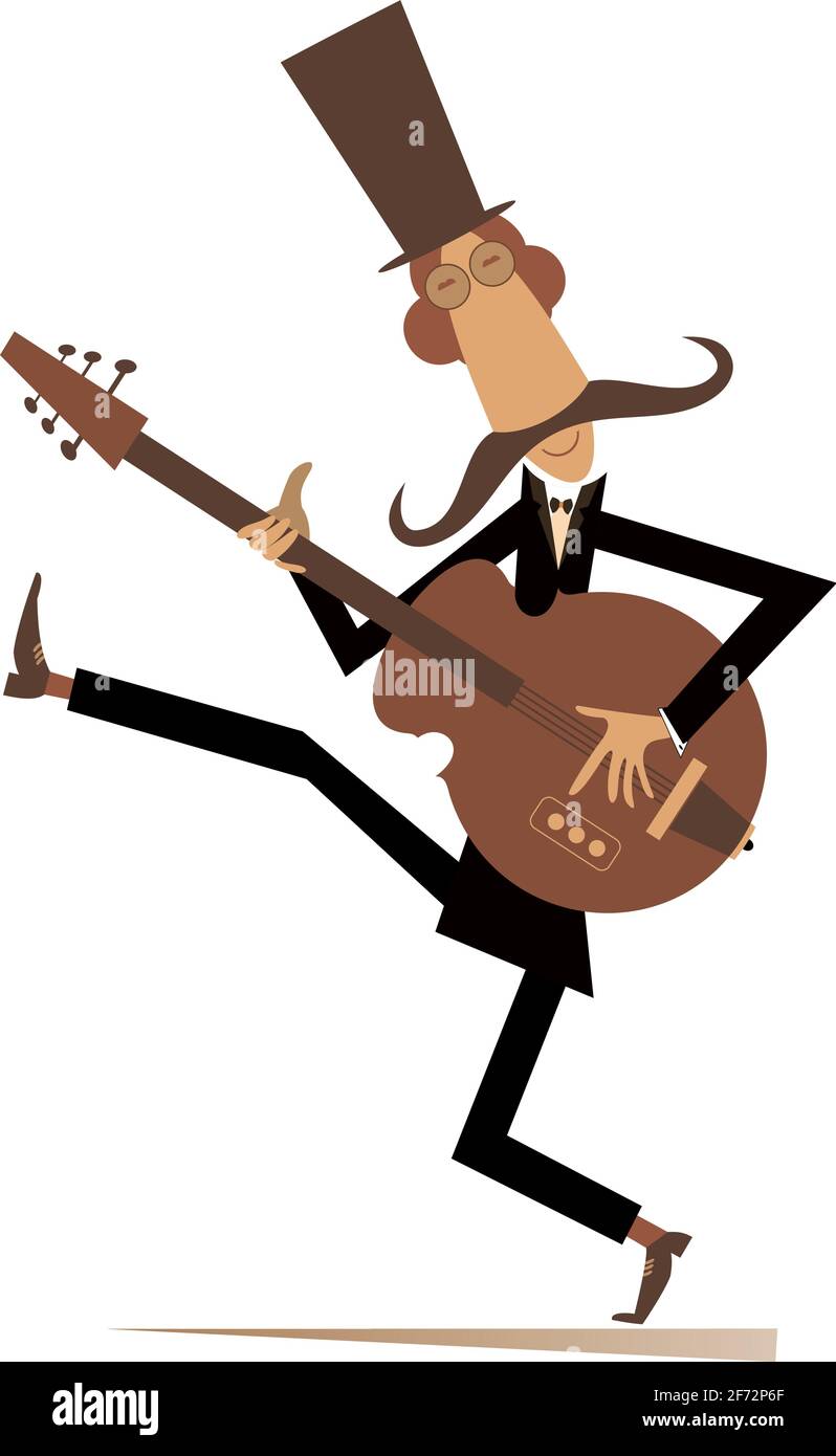 Funny young man playing guitar isolated illustration. Cartoon man in the cowboy hat is playing guitar isolated on white Stock Vector