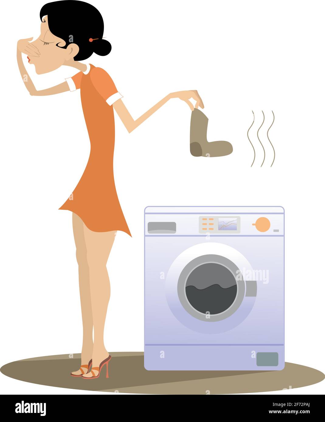 Woman is going to wash dirty laundry in the washing machine. Young woman stands near washing machine holds her nose from dirty laundry odor nuisance i Stock Vector