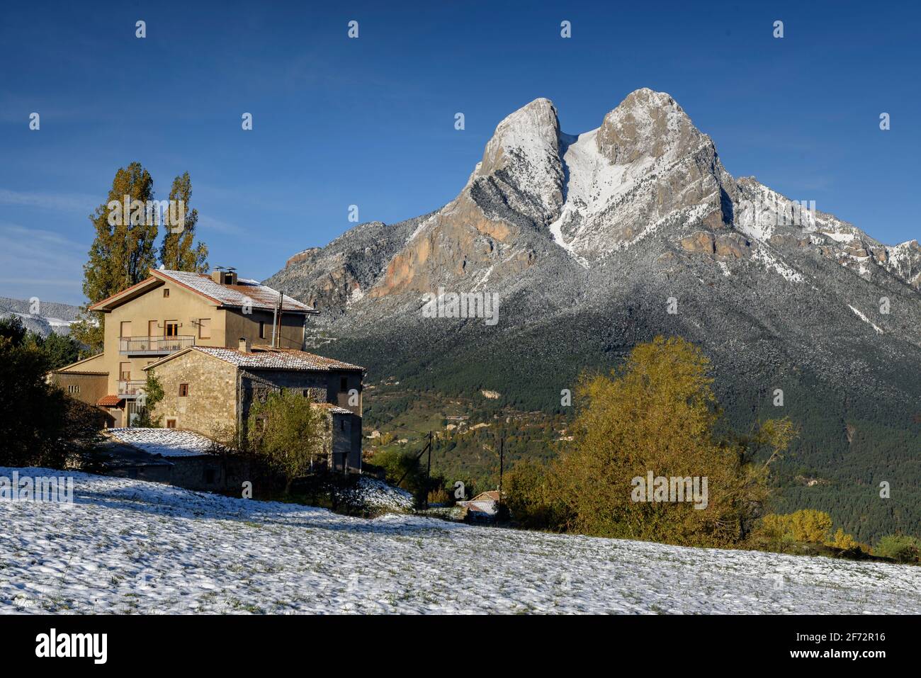 Pedraforca massif after the first snowfall in autumn. Seen from near Maçaners (Barcelona province, Catalonia, Pyrenees, Spain) Stock Photo