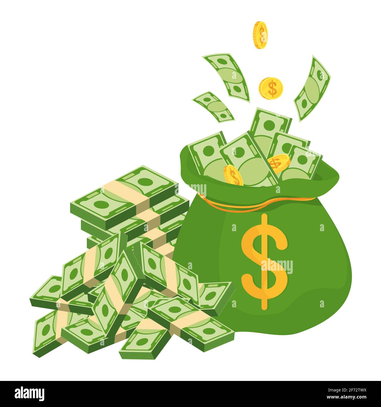 Money bag with banknotes. Symbol of wealth, success and good luck Stock