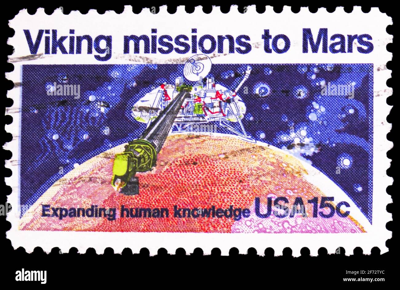 MOSCOW, RUSSIA - JANUARY 12, 2021: Postage stamp printed in United States shows Viking 1 Lander Scooping Up Soil on Mars, Viking Missions to Mars Issu Stock Photo