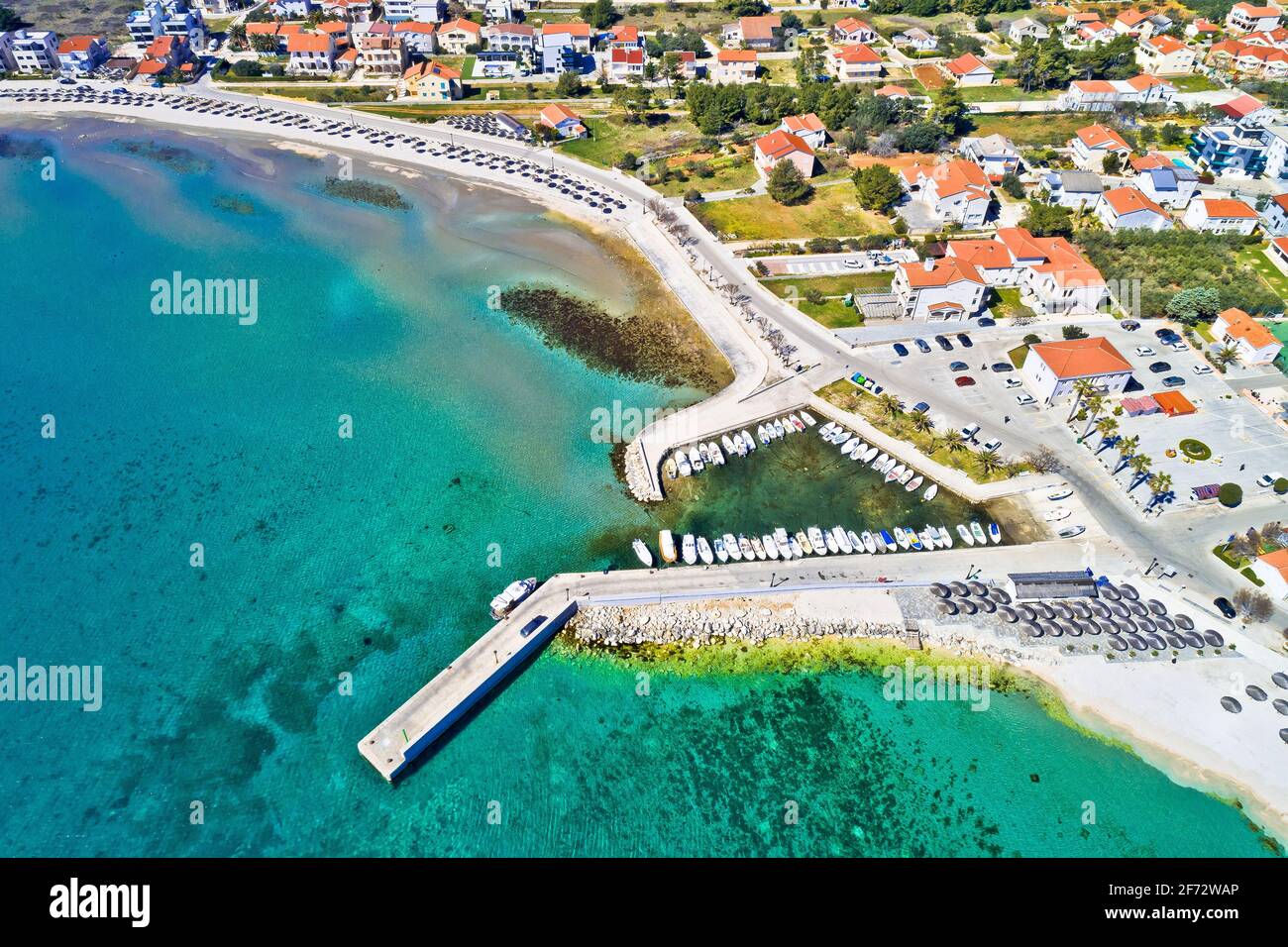 Island of Vir beach and waterfront aerial view, Dalmatia region of Croatia Stock Photo