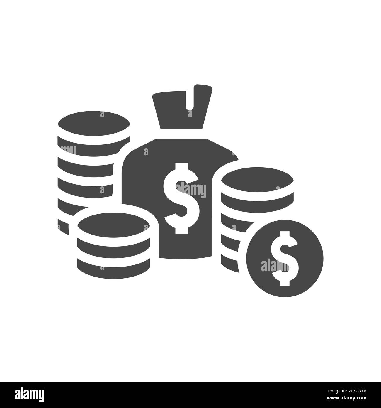 Money bag with coin stack vector icon. Wealth black symbol, dollar, coins. Stock Vector