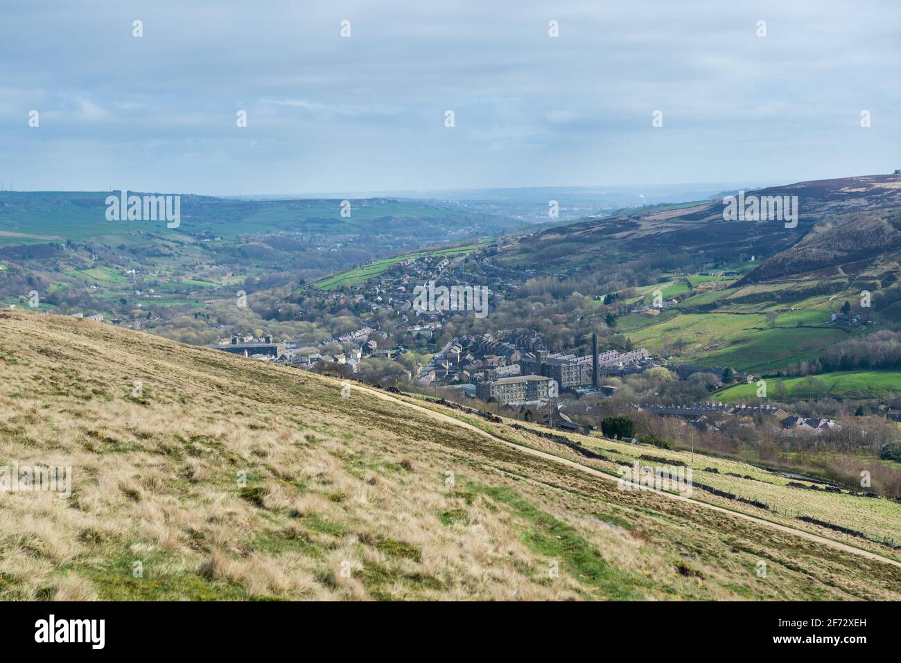 View over the Yorkshire mill town of Marsden surrounding hills and the Colne valley Stock Photo