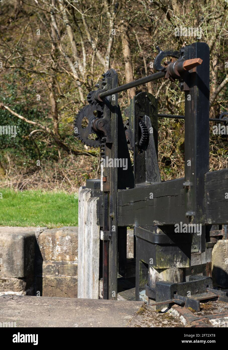 Lock gate wining mechanism on the historic Huddersfield Narrow canal at Marsden in west Yorkshire Stock Photo