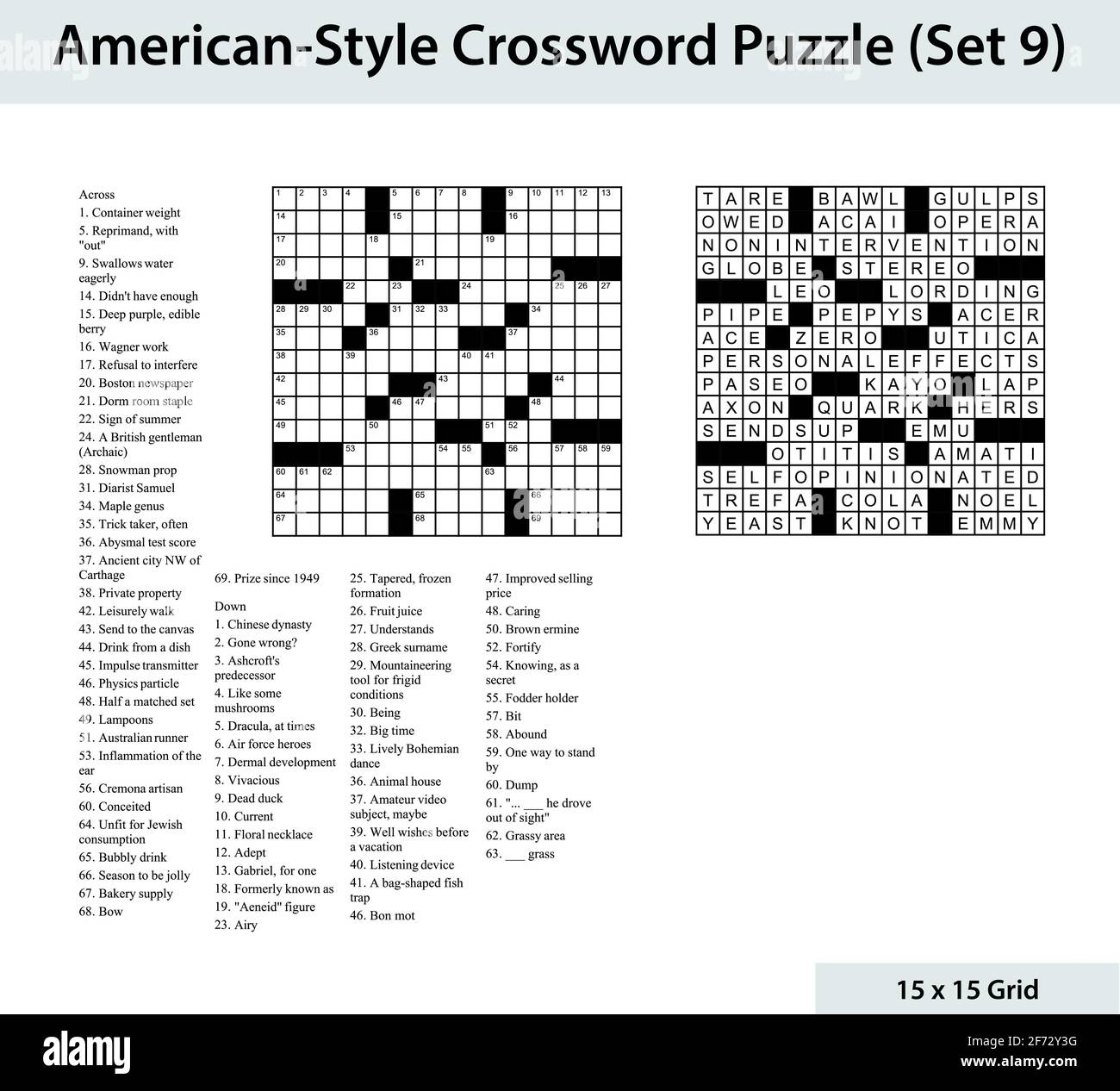 American style crossword puzzle with a 15 x 15 grid. Includes blank crossword grid, clues, and solution. Stock Vector