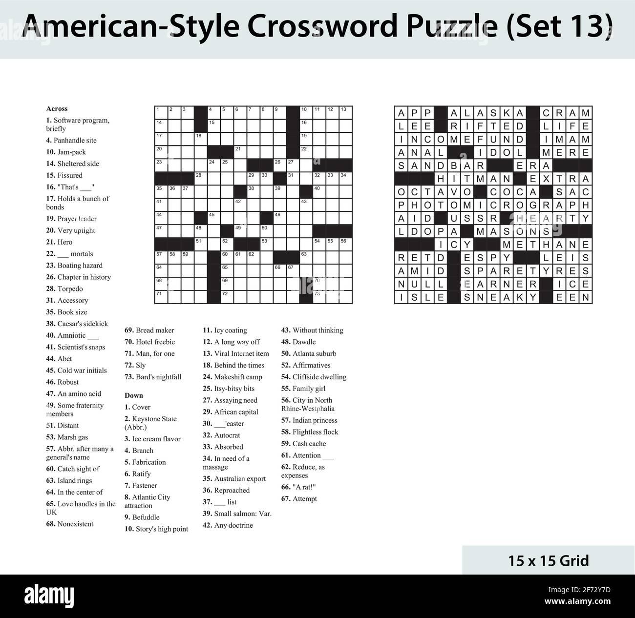American style crossword puzzle with a 15 x 15 grid. Includes blank crossword grid, clues, and solution. Stock Vector
