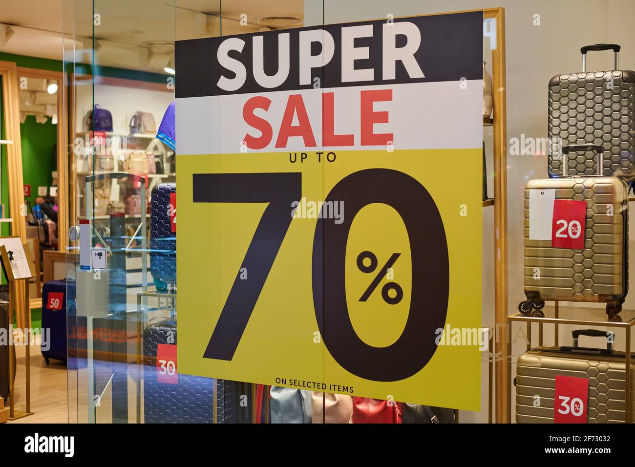 Seasonal Super Sale 70 Off Holiday Discount In Shopping Mall New Year S Sale Time At European Shopping Center Christmas Promotions In Accessories Stock Photo Alamy