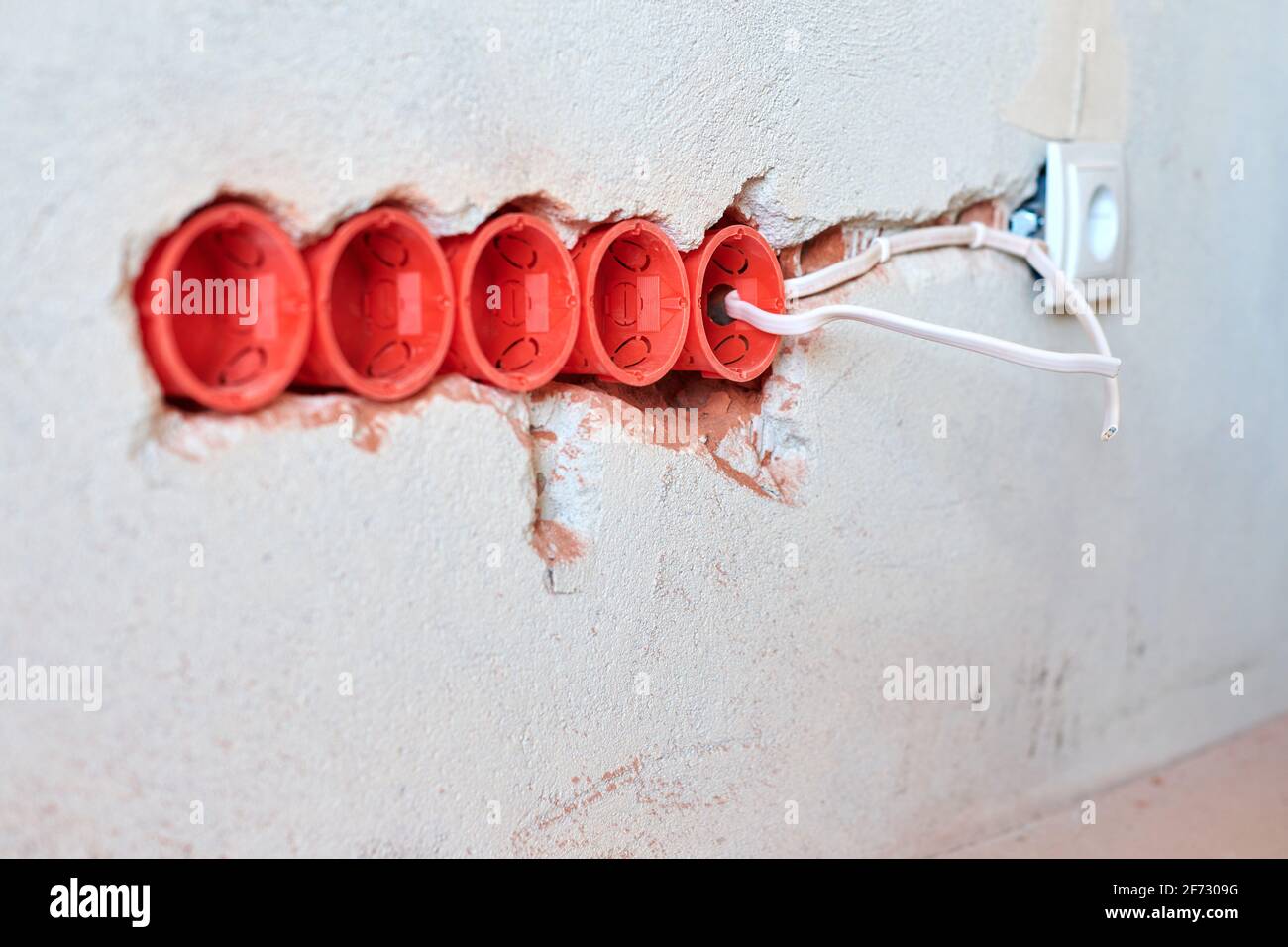 New electrical wiring installation, plastic socket boxes and electrical