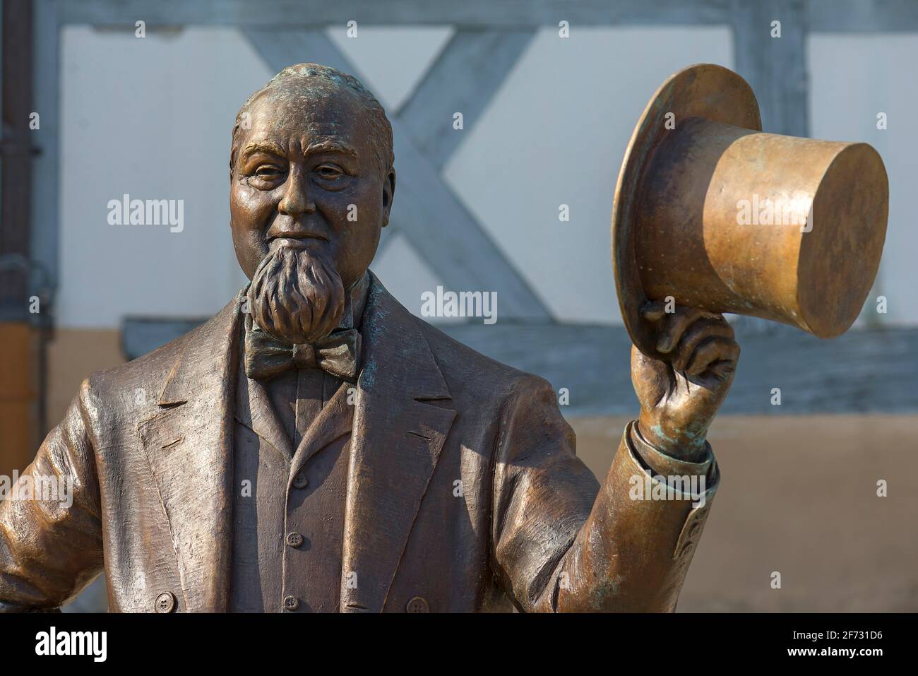 Detail of the bronze sculpture of Levi Strauss in front of his birthplace, today museum, bronze figure created by the artist Rainer Kurka 2020 Stock Photo