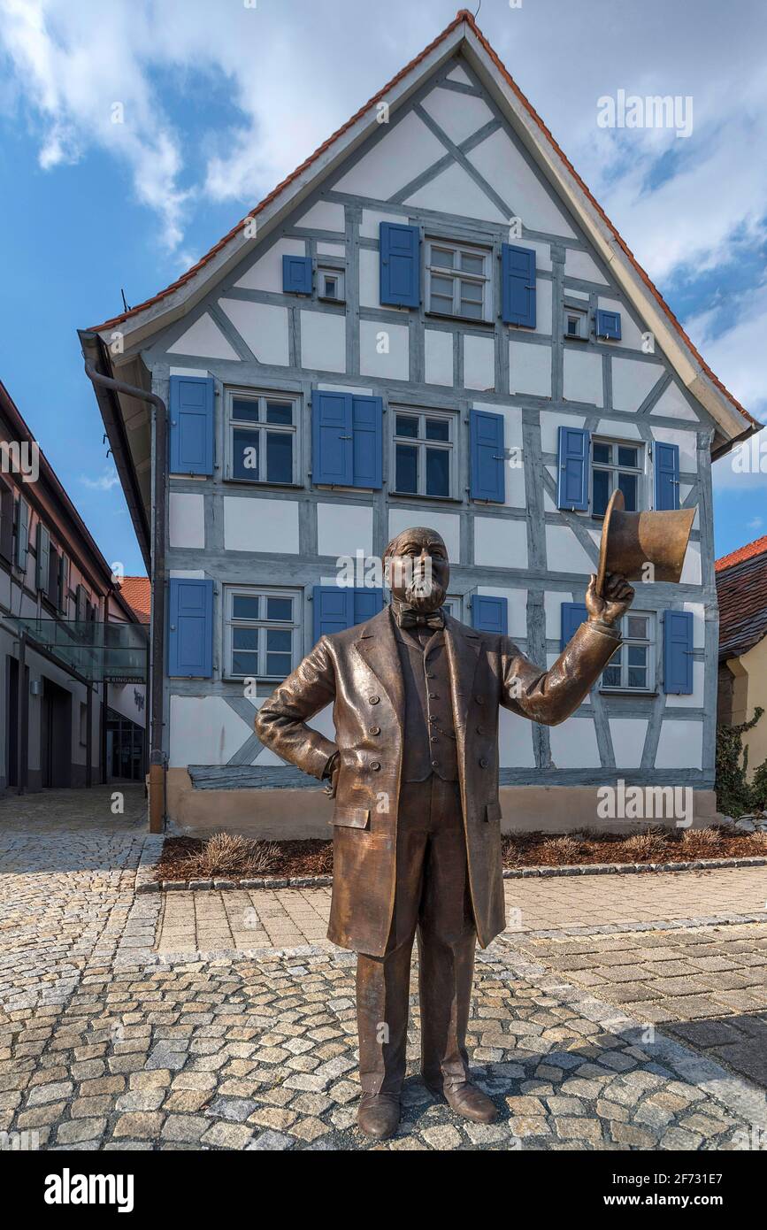 Bronze figure of the inventor of jeans, Levi Strauss, nee Loeb Strauss, 1829-1902 in front of his birthplace, bronze figure created by the artist Stock Photo