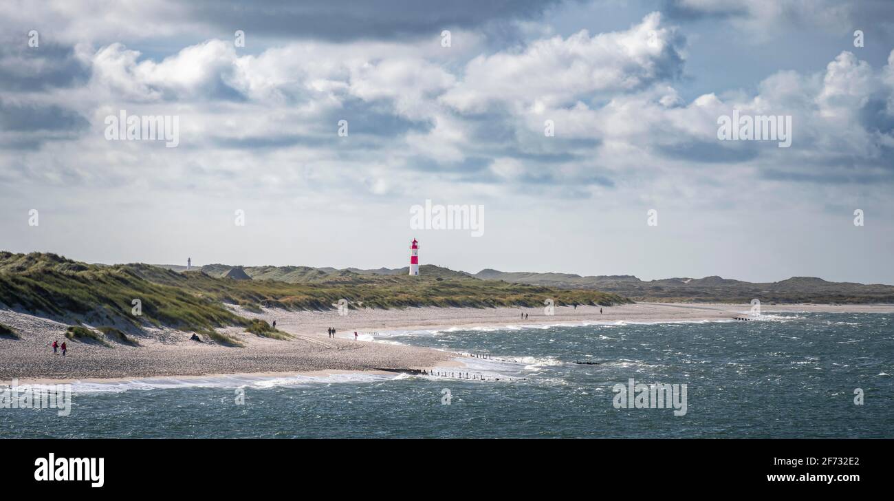 Sea and red-white lighthouse List-East in the dunes, Ellenbogen, Sylt, North Frisian Island, North Sea, North Frisia, Schleswig-Holstein, Germany Stock Photo