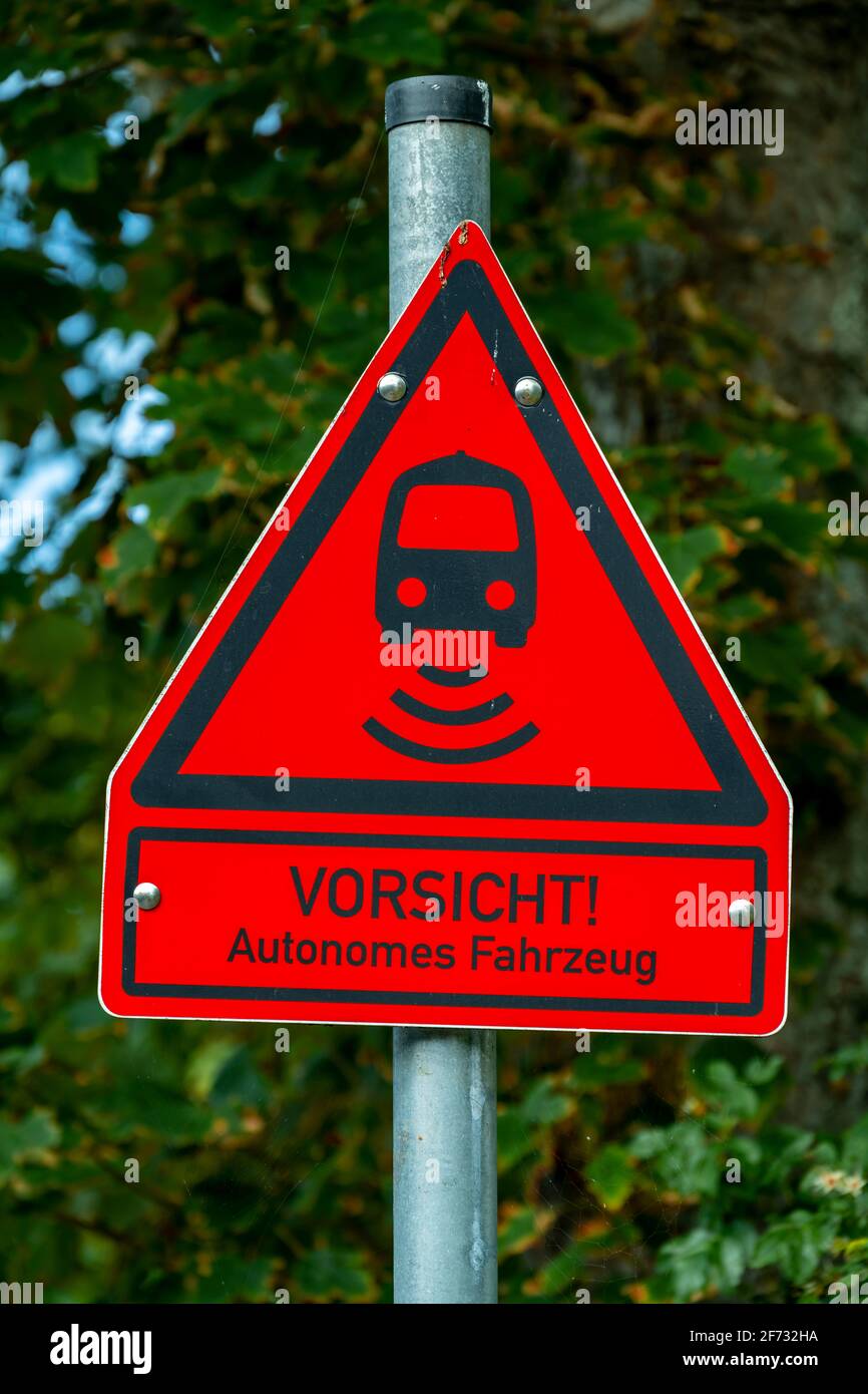 Caution autonomous vehicle, sign, Keitum, Sylt, North Frisia, Schleswig-Holstein, Germany Stock Photo