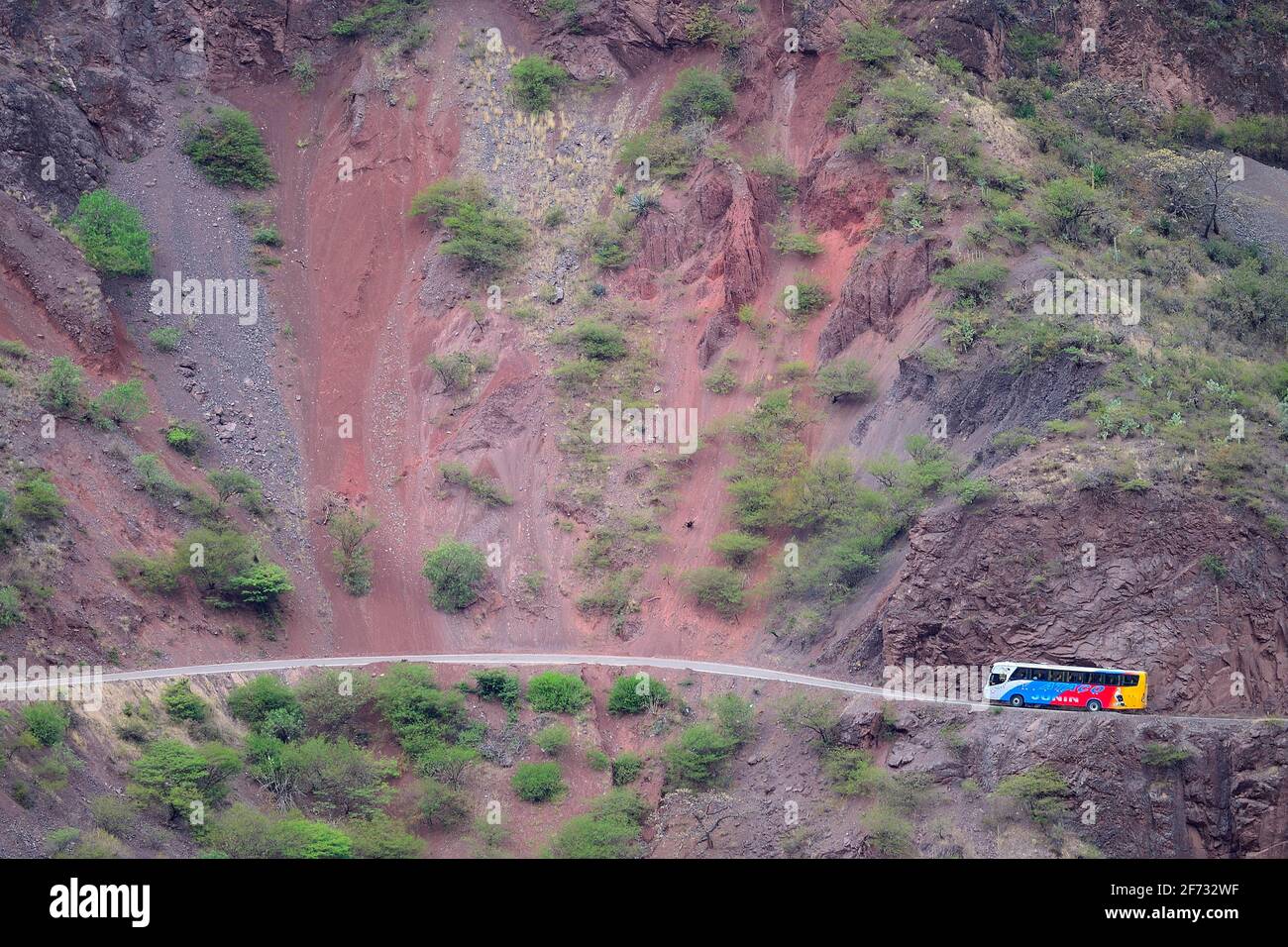 Coach on the road above the gorge of the Rio Mantaro, near Ayacucho, Huamanga province, Peru Stock Photo
