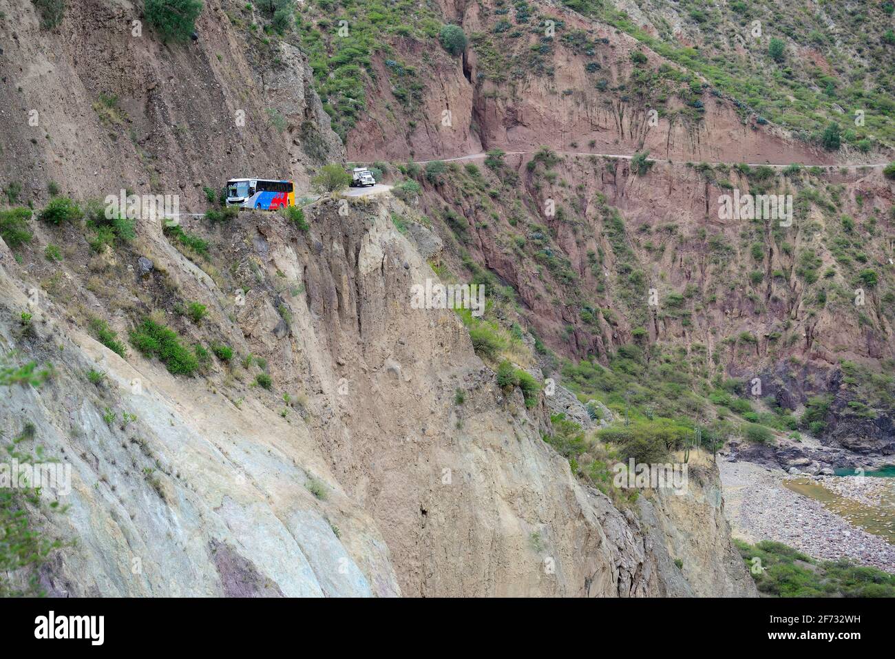 Coach and truck above the gorge of the Rio Mantaro, near Ayacucho, Huamanga Province, Peru Stock Photo