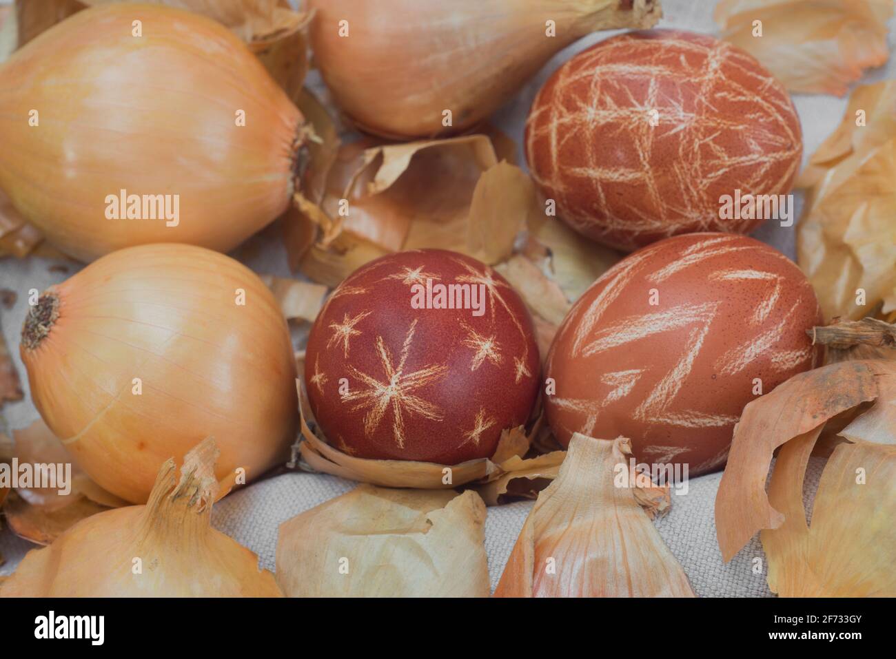 easter eggs dyed in onion shells closeup selective focus Stock Photo