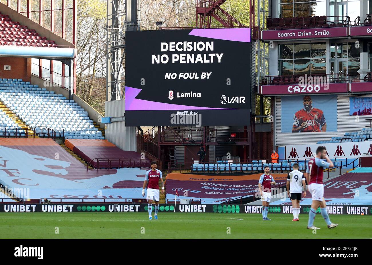 The giant screen confirms a VAR decision of No Penalty during the ...