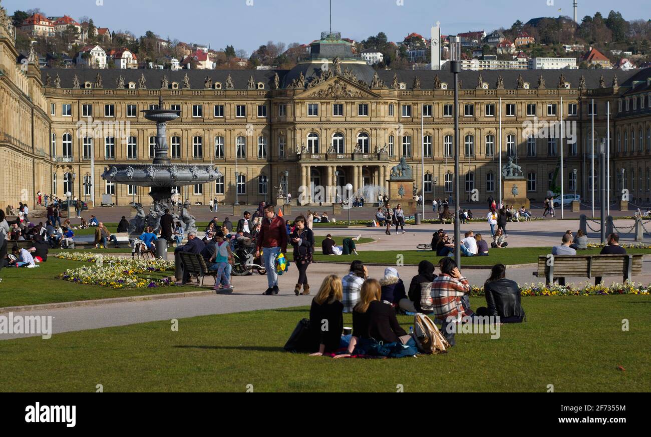 People enjoy spring despite pandemic, Schlossplatz, New Palace, Stuttgart, Baden-Wuerttemberg, Germany Stock Photo