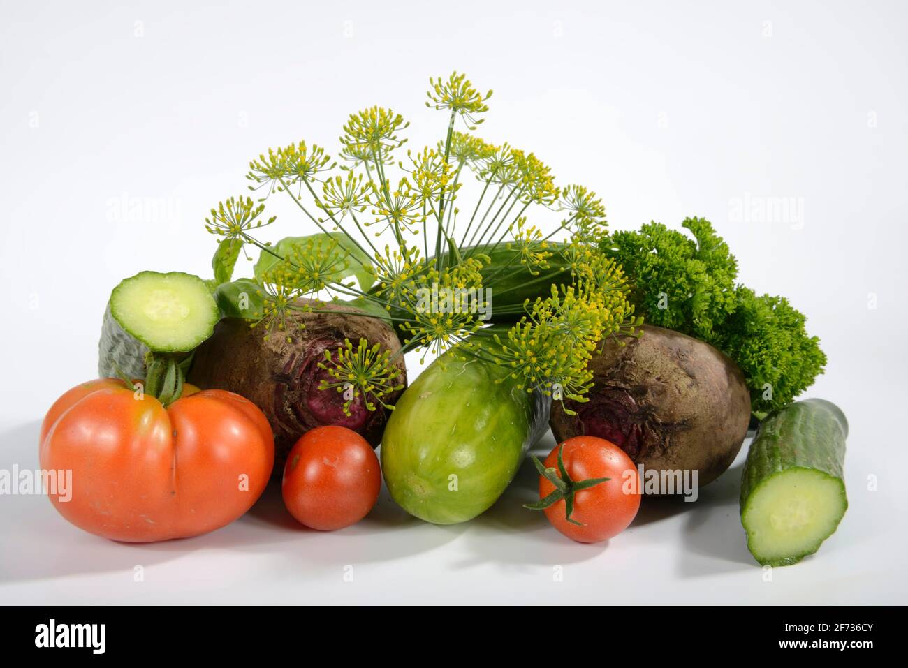 Various vegetables, cucumber, tomatoes (Solanum lycopersicum), basil (Ocimum basilicum), parsley (Petroselinum crispum), dill (Anethum graveolens) Stock Photo