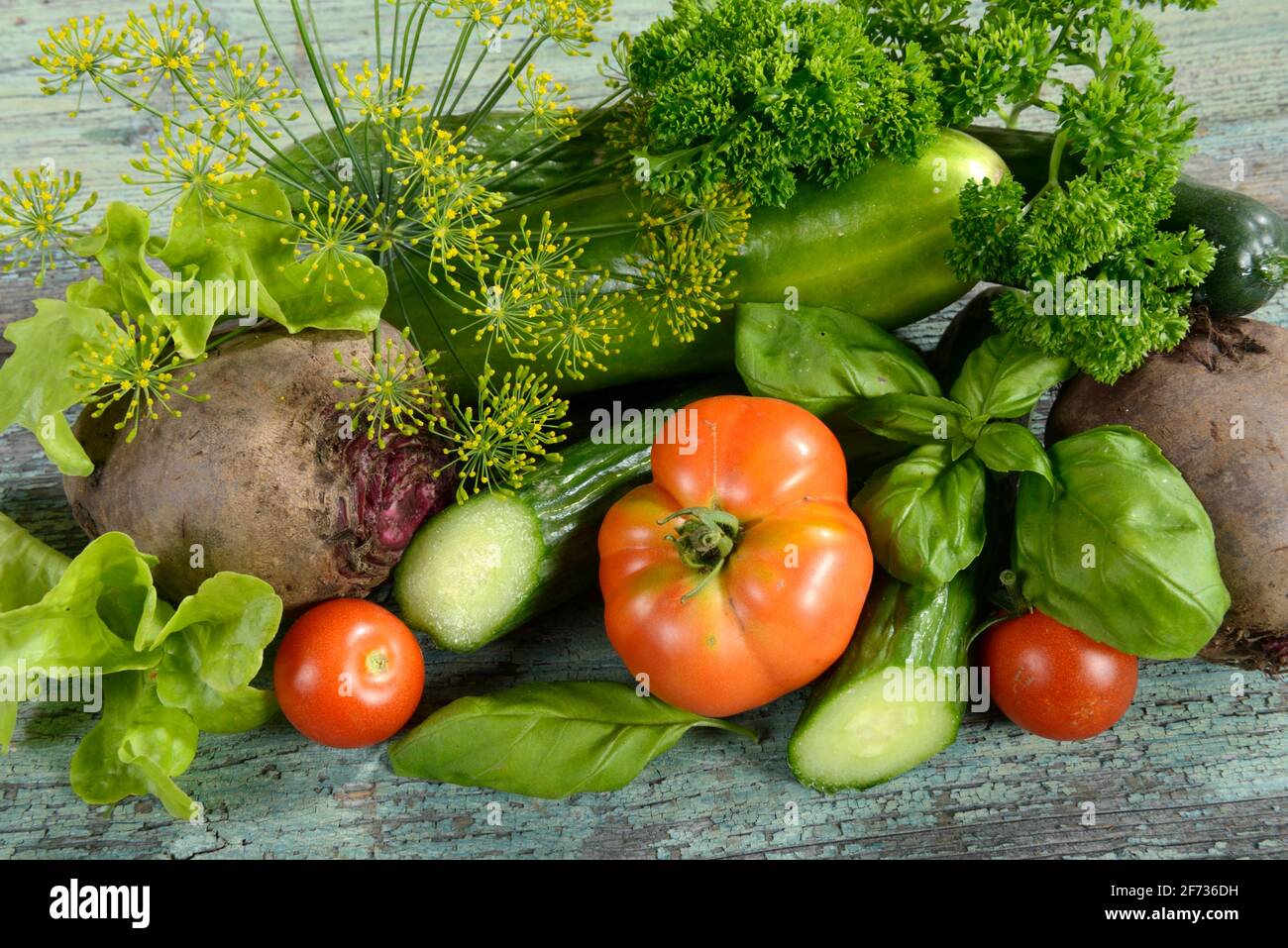Various vegetables, cucumber, tomatoes (Solanum lycopersicum), basil (Ocimum basilicum), parsley (Petroselinum crispum), dill (Anethum graveolens) Stock Photo
