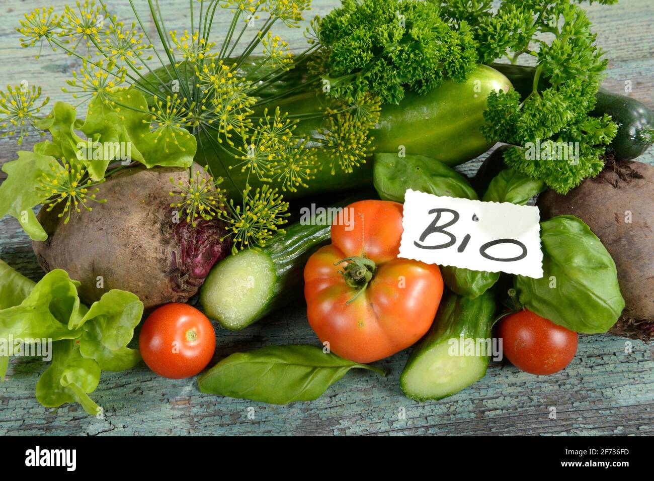 Various organic vegetables, cucumber, tomato (Solanum lycopersicum), basil (Ocimum basilicum), parsley (Petroselinum crispum), dill (Anethum Stock Photo
