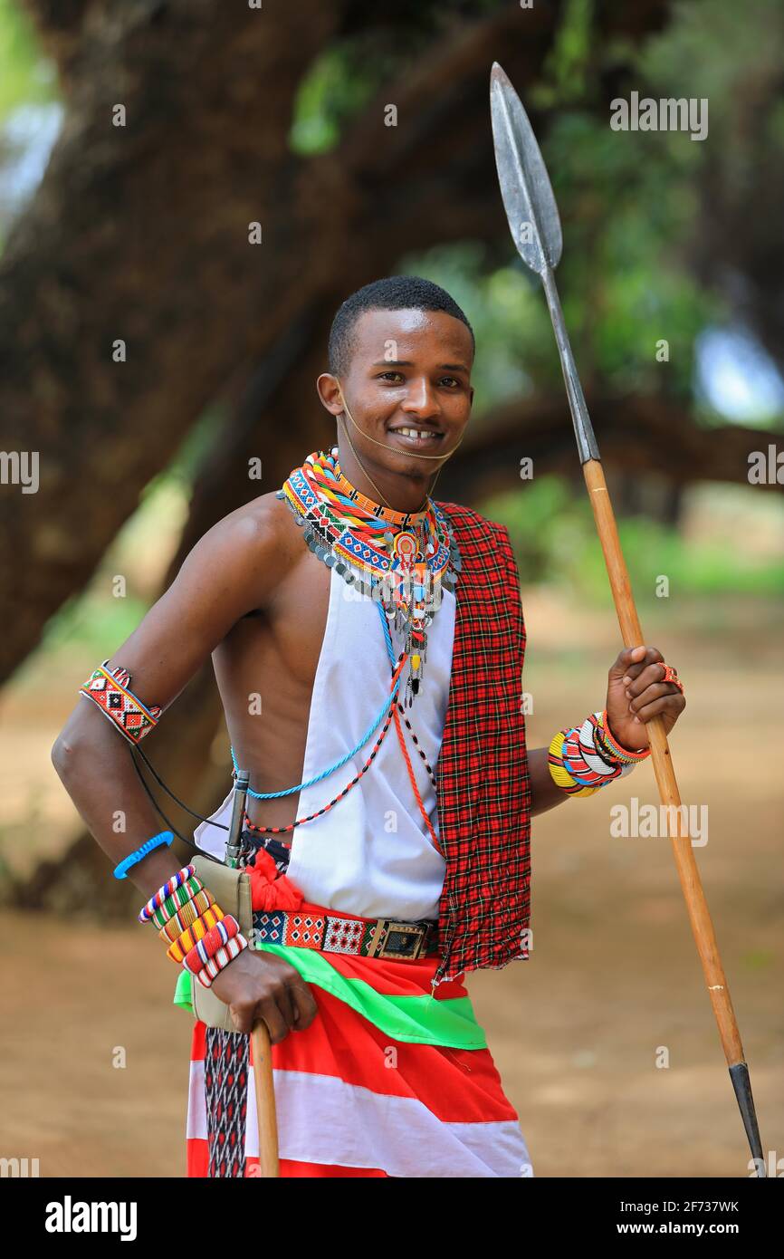 Samburu warrior with spear, portrait, Samburu National Reserve, Kenya Stock Photo