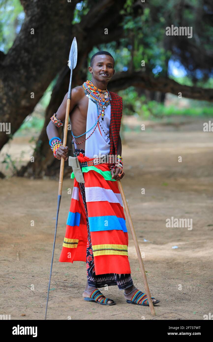 Samburu warrior with spear, Samburu National Reserve, Kenya Stock Photo