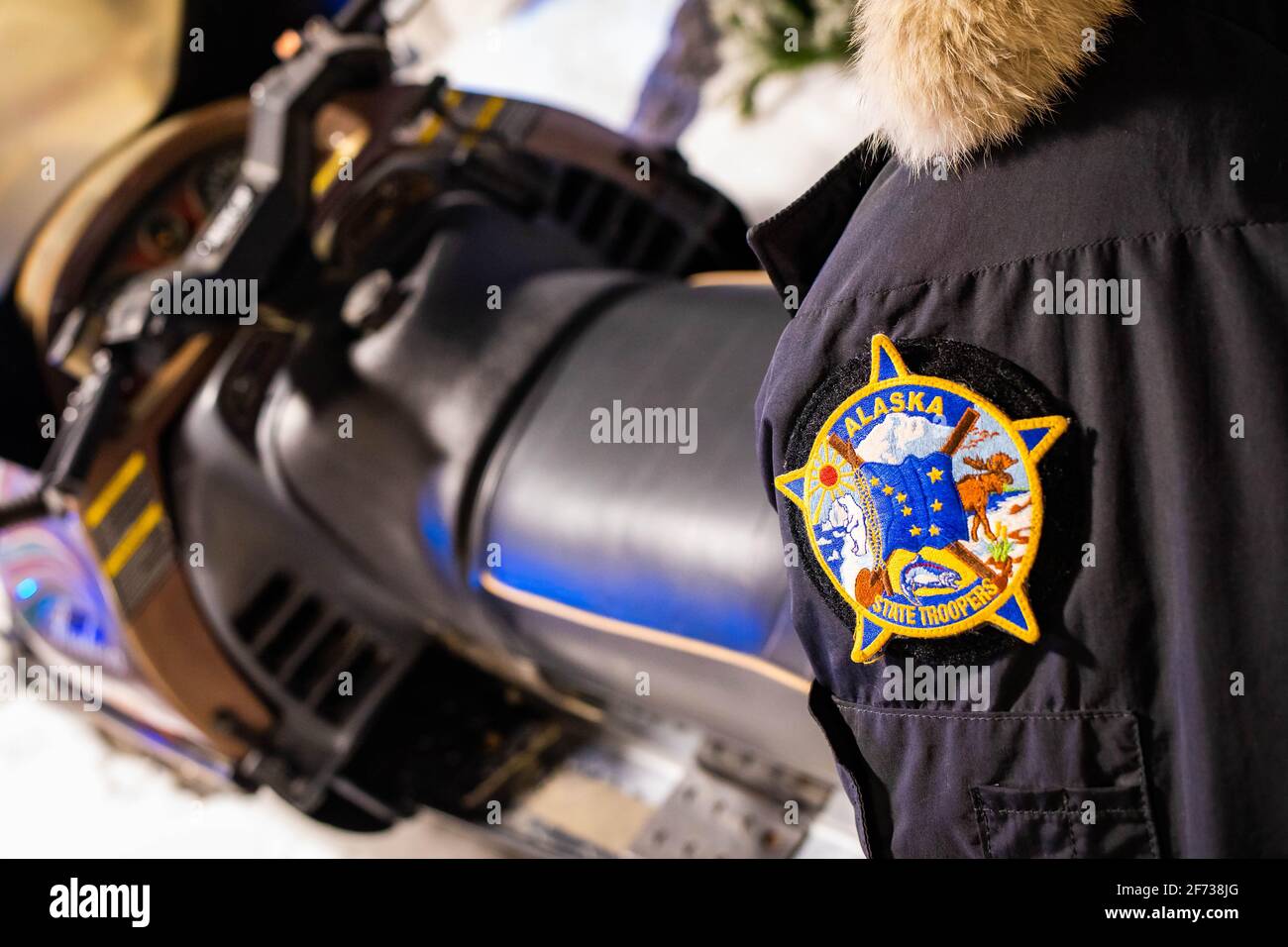 Alaska state trooper official batch icon on clothes close up Stock Photo