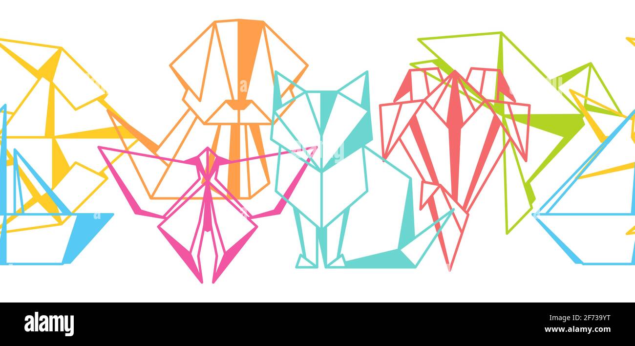 Seamless pattern with origami toys. Folded paper objects. Stock Vector