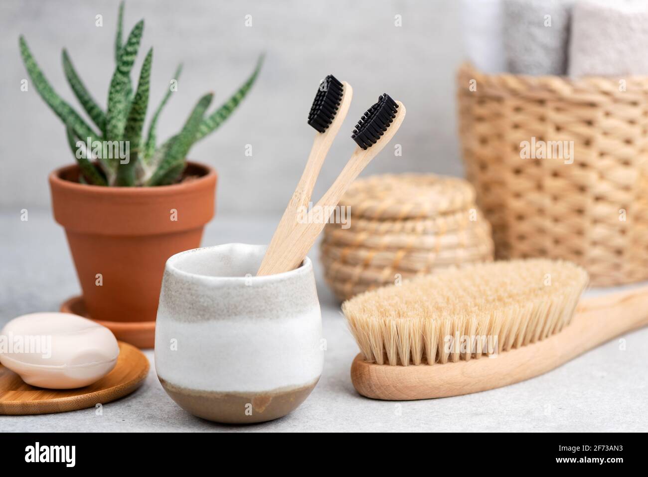 Bath and Spa accessories, zero waste concept. Bamboo Charcoal toothbrush, vegan soap, eco friendly Bath tools Stock Photo