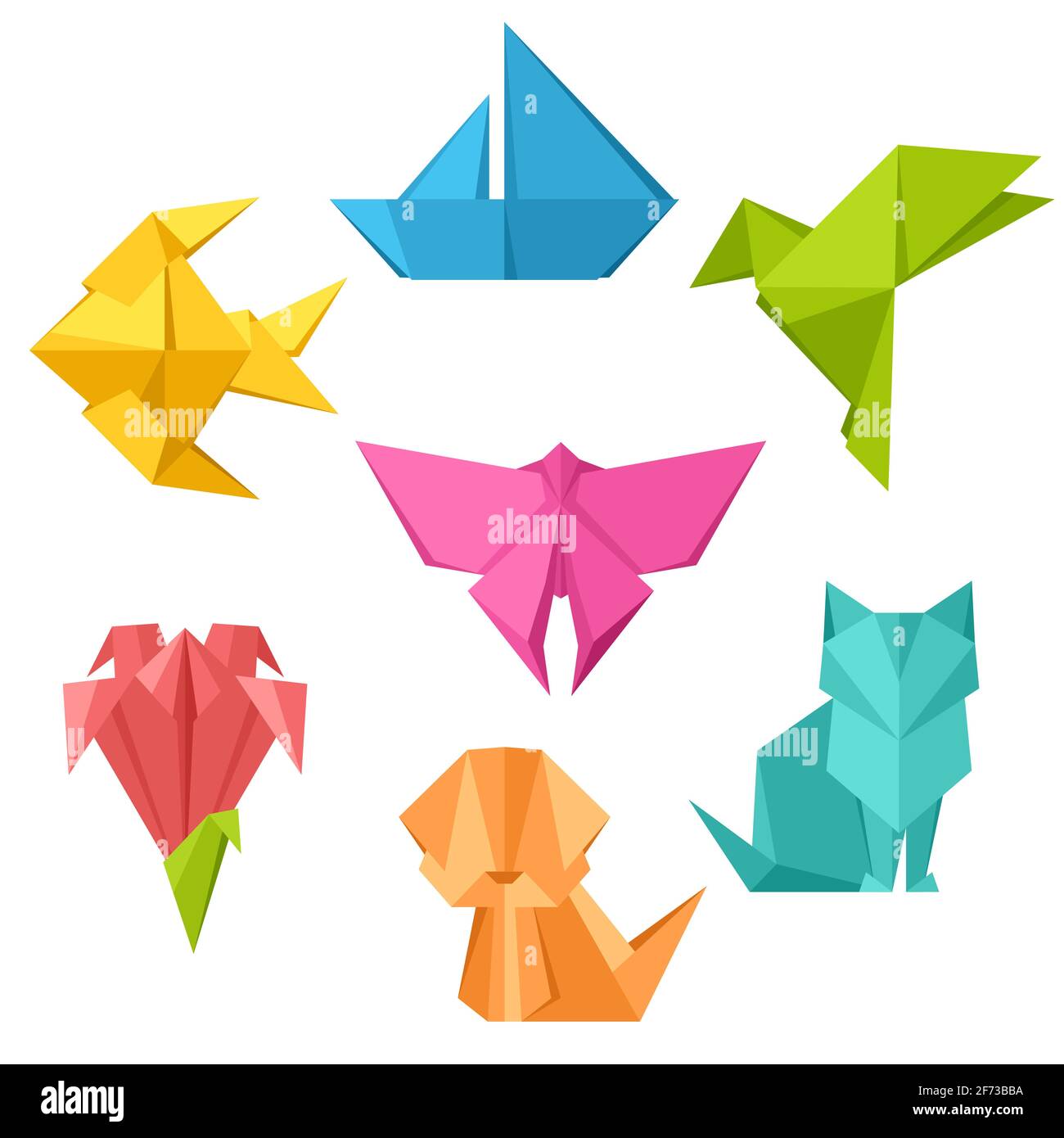 Set of origami toys. Folded paper objects. Stock Vector