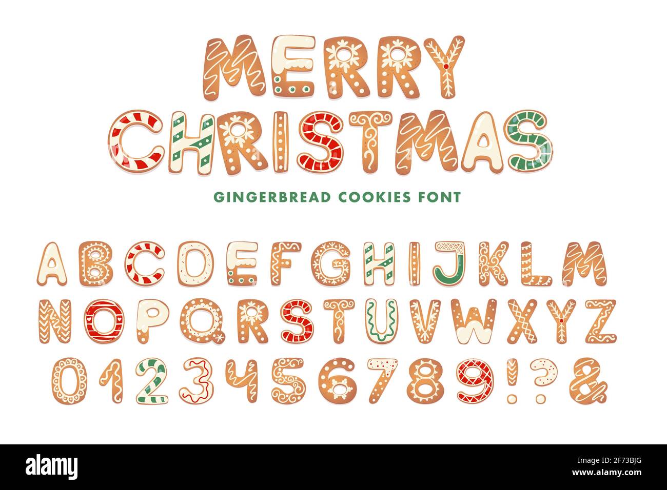 Christmas gingerbread cookies alphabet. Biscuit letters for xmas messages and design. Vector figures with sugar decorations. Stock Vector