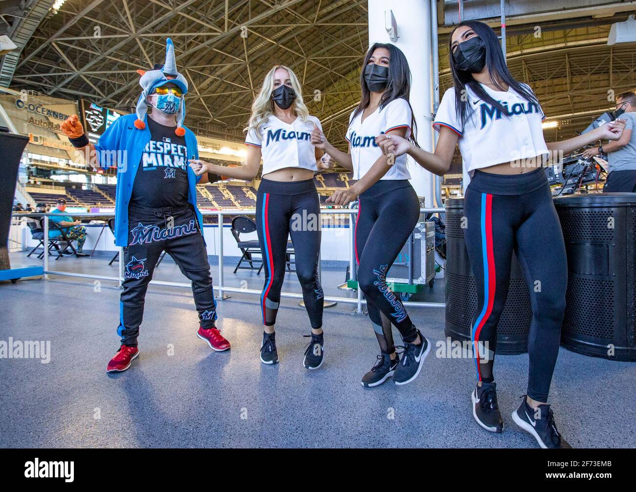 Miami, USA. 01st Apr, 2021. Chase Blake, of Miami Lakes, joins the Marlins  Mermaids in a dance before the game between the Miami Marlins and the Tampa  Bay Rays at loanDepot park
