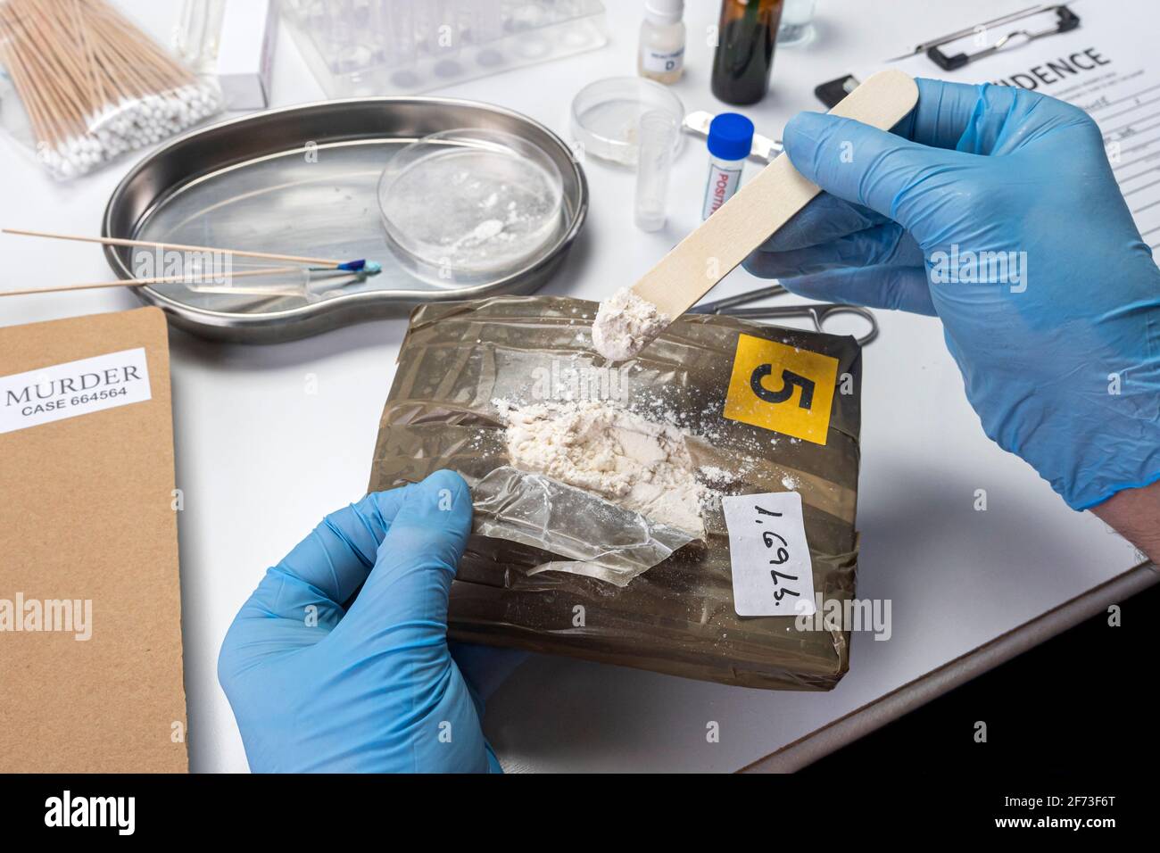 Specialised police check drugs on petri dish in crime lab, conceptual image Stock Photo