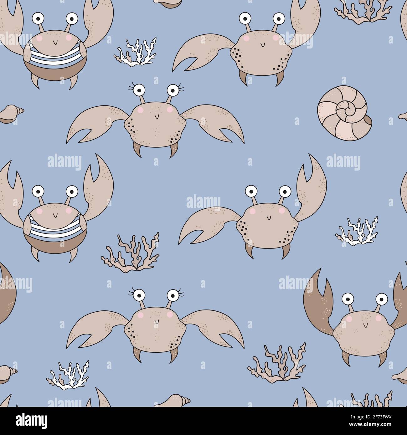 Seamless patterns with marine life. Cute funny crabs and corals on a ...