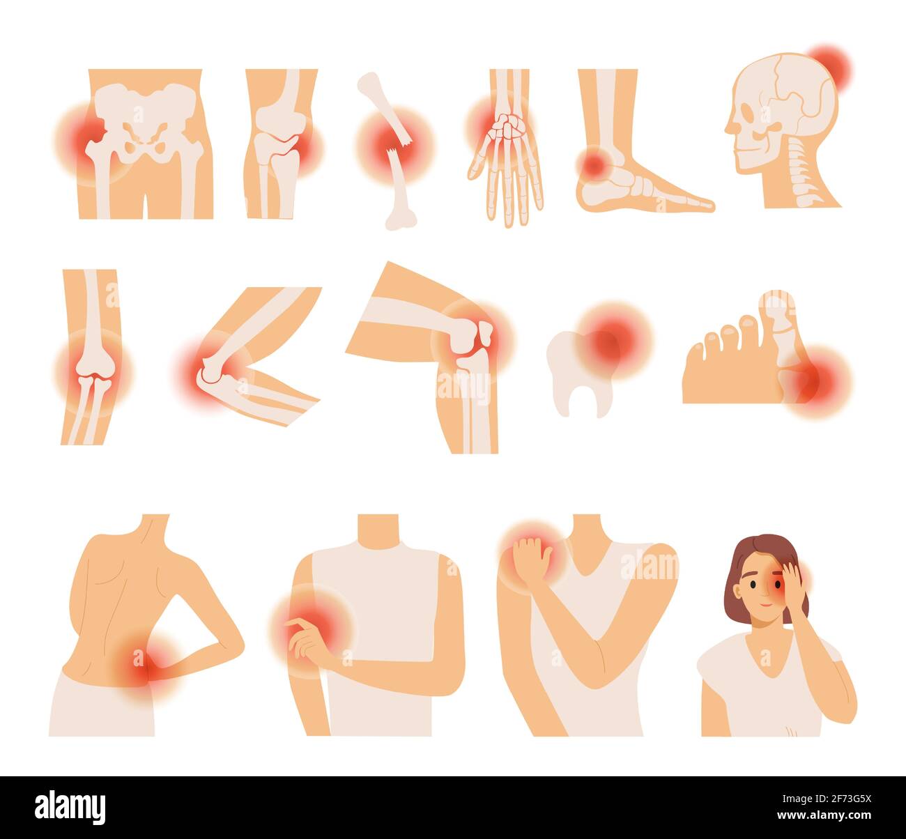 Set of different body pain vector flat illustration. Headache, pain in