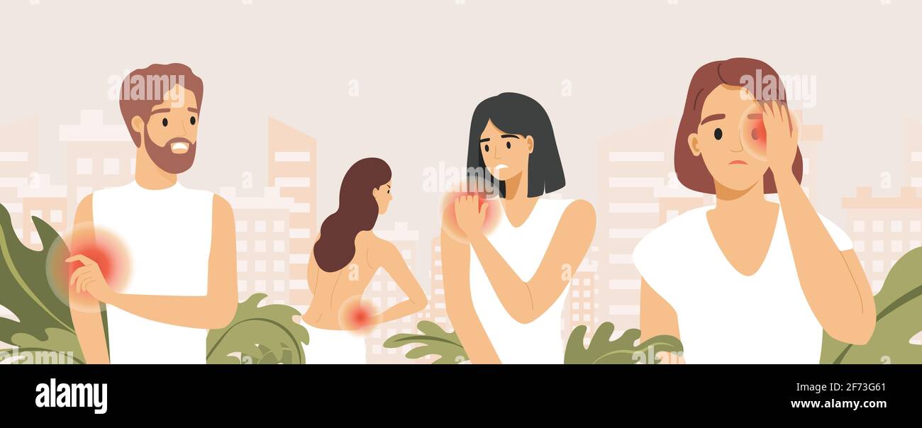 Sad people suffering from pain in different body parts vector flat