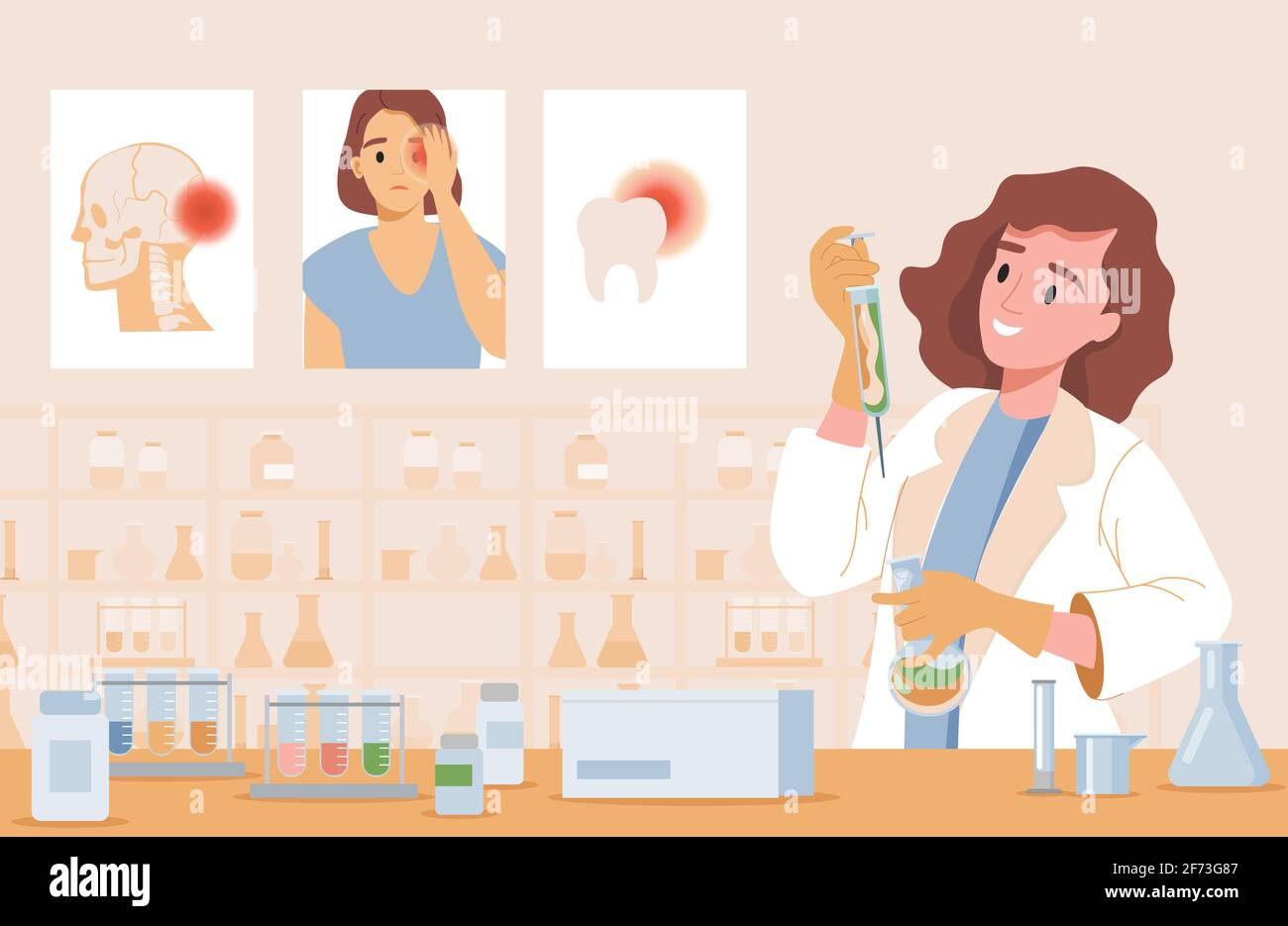 Happy smiling woman in lab coat making new treatment from different body pains vector flat illustration. Doctor inventing painkillers against headache, migraine, and toothache concept. Stock Vector