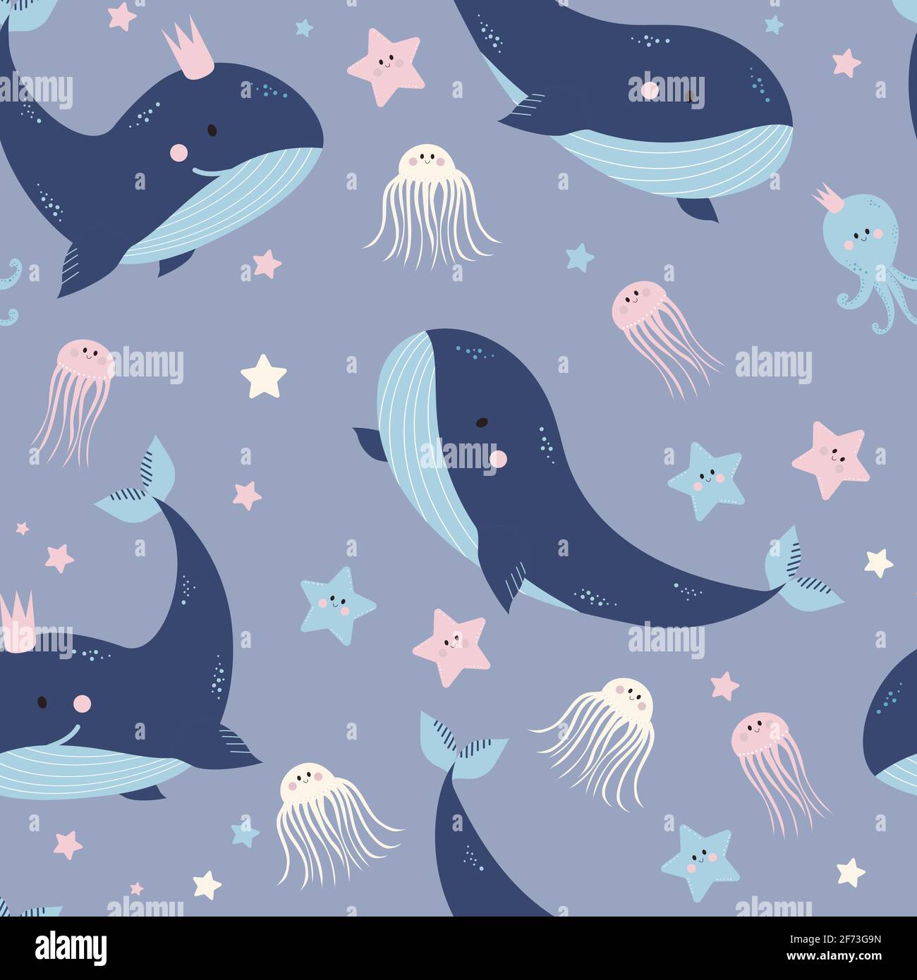 Seamless patterns with sea animals. Cute blue whales, jellyfish and ...