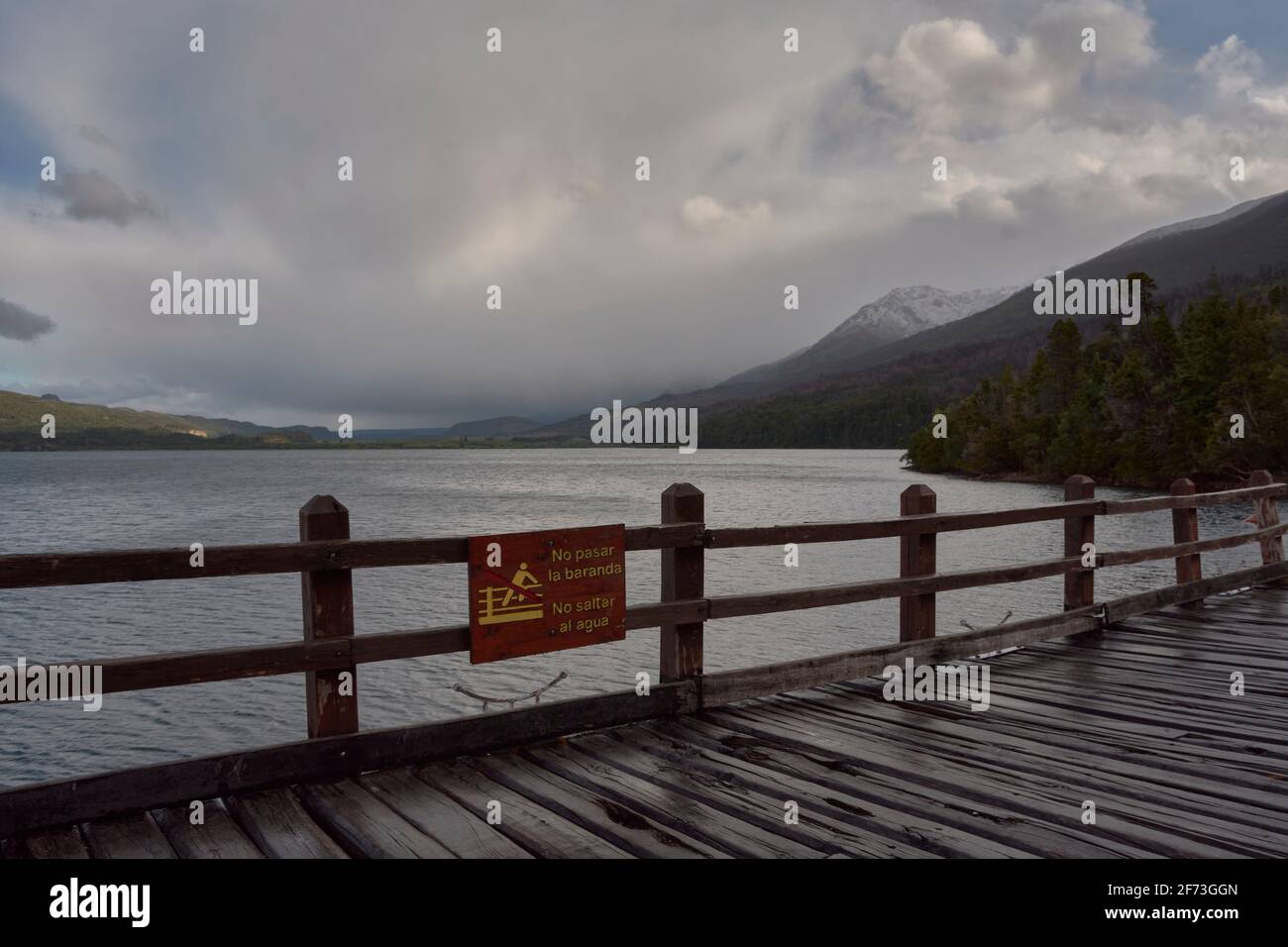 Wooden pier on the lake, Los Alerces National Park, Patagonia, Argentina Stock Photo