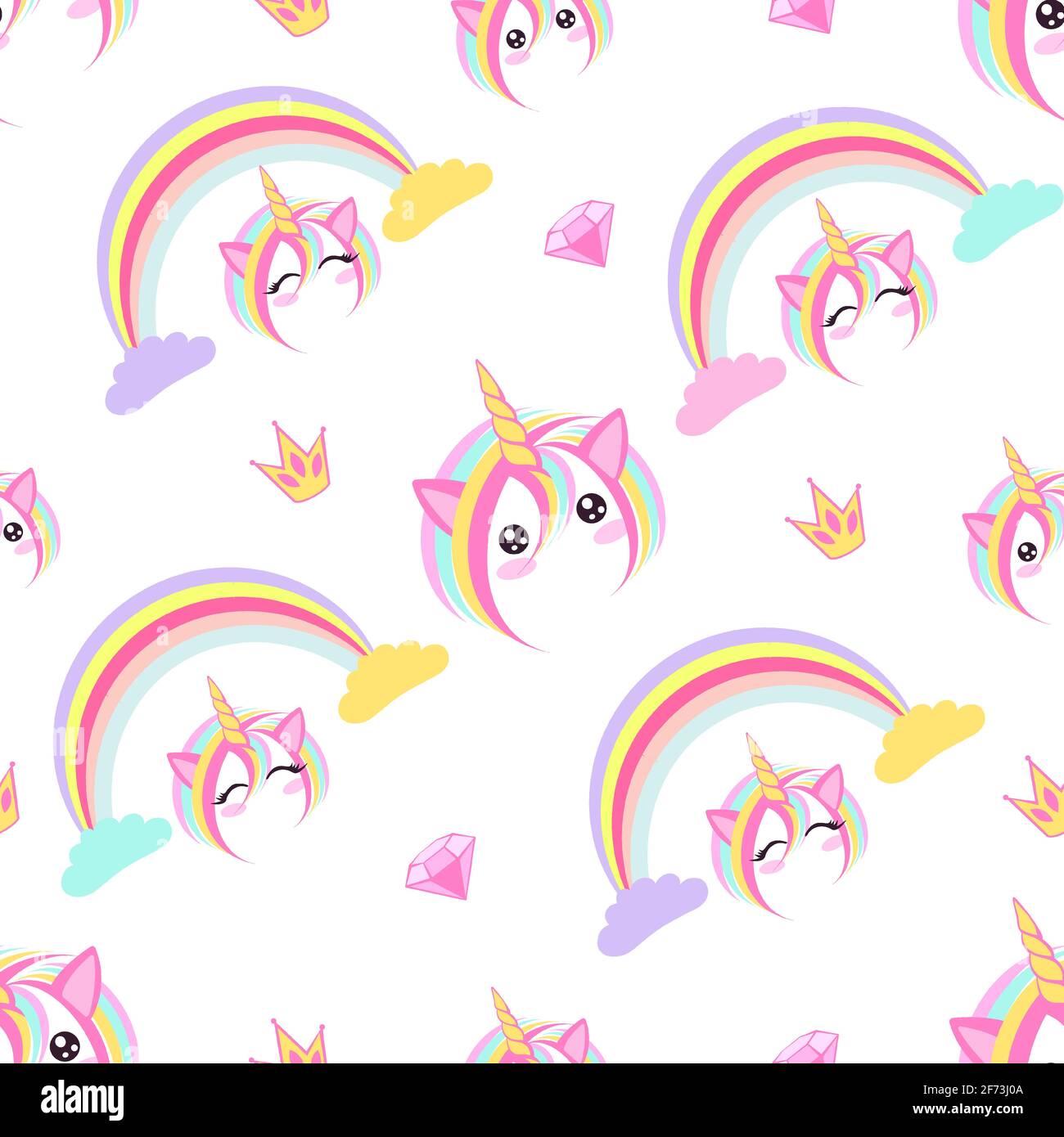 Seamless pattern with cute magical unicorns in the sky with colorful ...