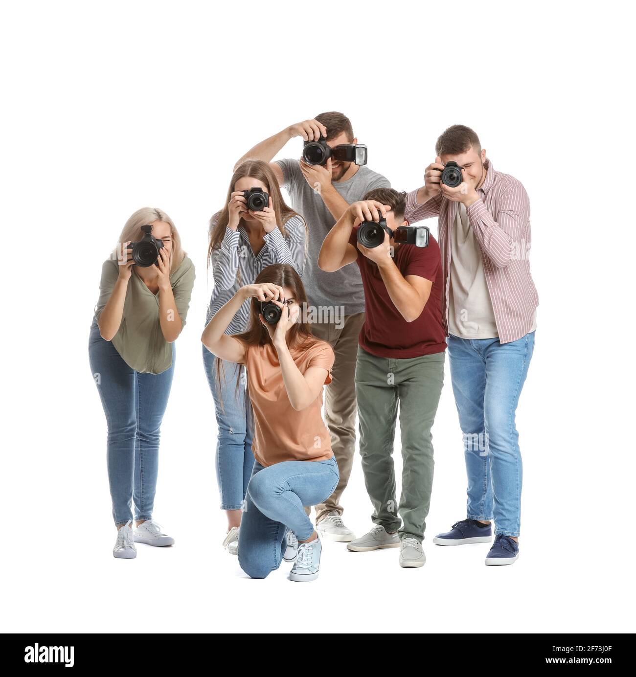 Group of young photographers on white background Stock Photo Alamy