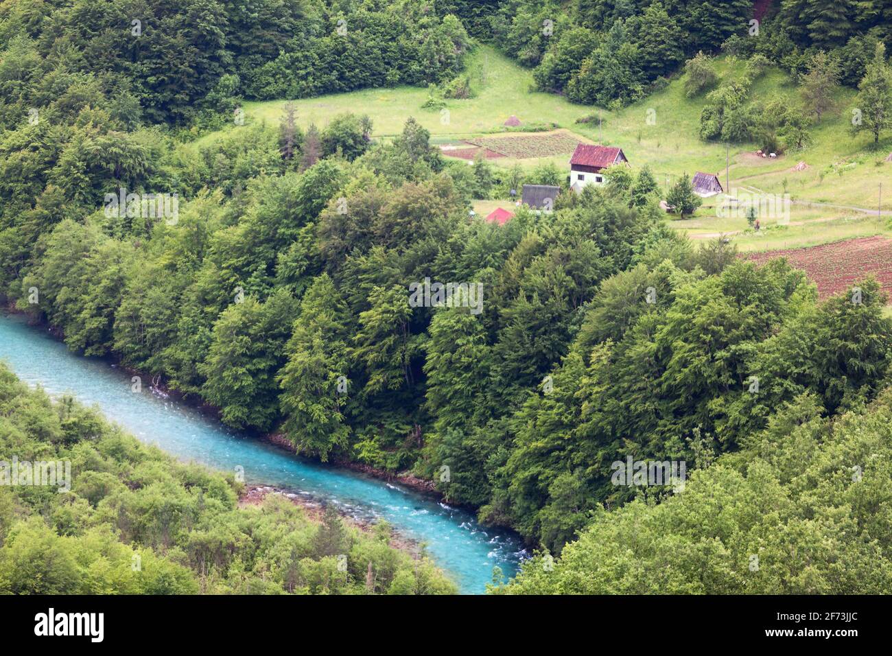 Farms are on slopes of mountains in the Durmidor massif close to the Tara river. Northwestern Montenegro. Europe Stock Photo