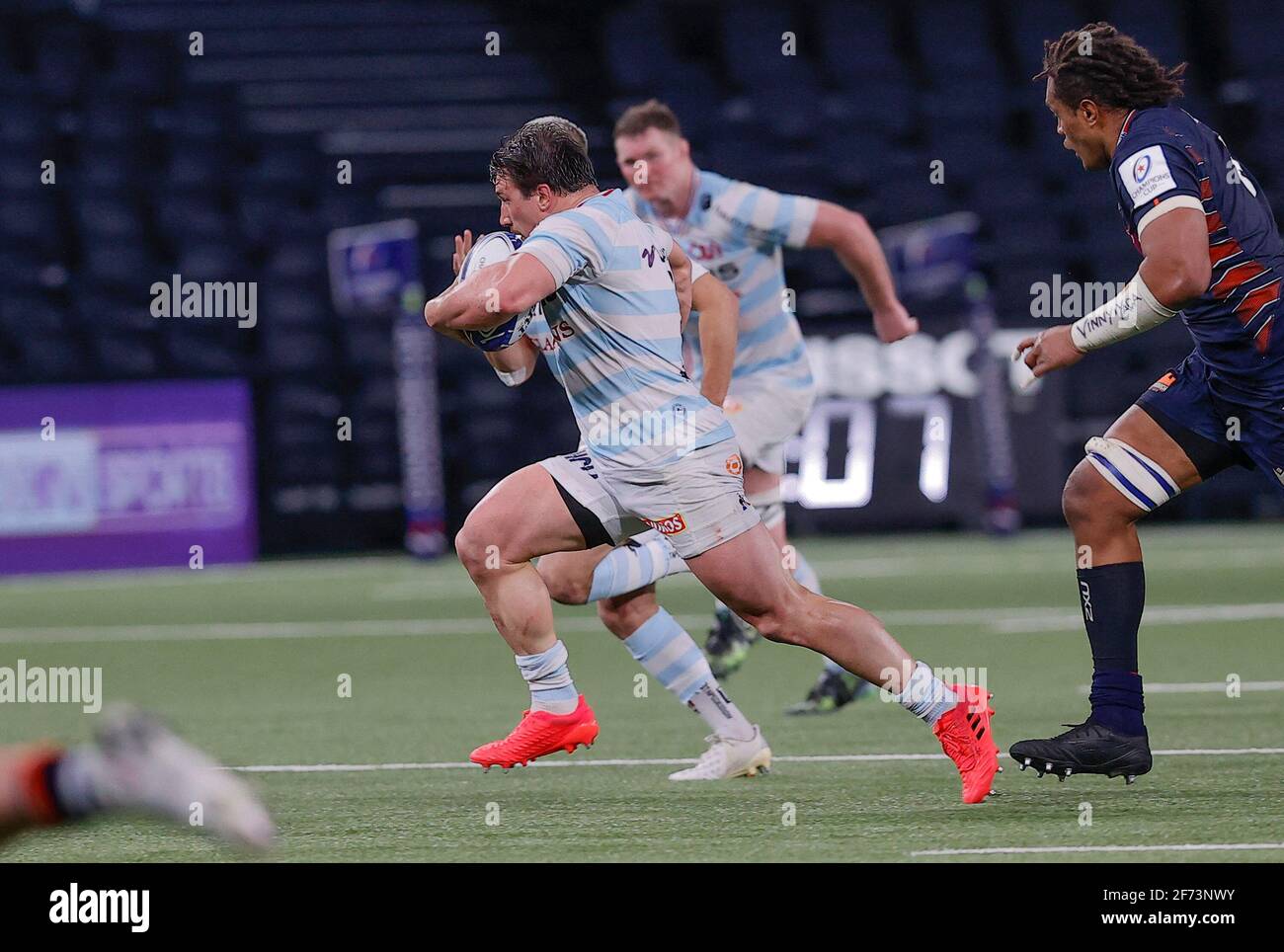 in action during the match between RACING92 and EDIMBOURG Round of 16 of the Champions Cup at Paris La Défense Arena stadium, on April 4 at Nanterre, France. Photo by Loic Baratoux /ABACAPRESS.COM Stock Photo