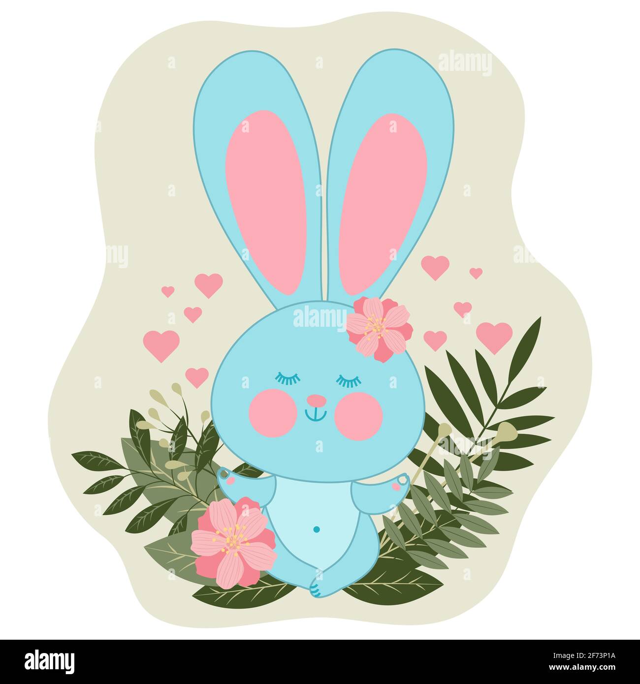 A cute sweet rabbit with a cup of tea sits surrounded by leaves and flowers. Vector cartoon design for sticker, poster, t-shirt, baby products. Stock Vector